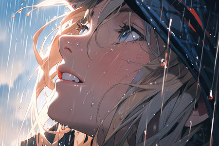 Close up of girl with rain falling from top to down view on mouth, illustration generative aiの素材