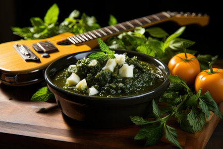 Pesto's Melody: Unleash the power of pesto - infused music as guitars strum basil leaves, drums beat to the rhythm of garlic cloves, and violins serenade, illustration generative aiの素材