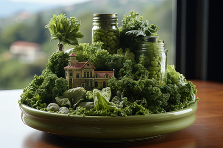 Lighthouse of genoa town made out of pesto, illustration generative aiの素材
