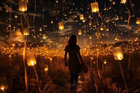 Skydiving with Fireflies: Experience the magic of a summer night as you skydive through a breathtaking wheat field, surrounded by glowing fireflies , illustration generative aiの素材