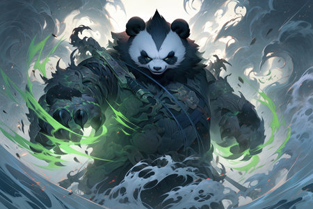 panda with a twisted soul, malevolent aura. Clad in dark fur, sinister, manipulating, havoc, illustration generative aiの素材