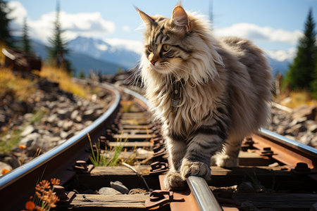Feline Railways: Explore a world of cat themed train tracks, complete with paw - shaped switches, fluffy cat conductor announcements, and whisker - inspired train schedules , illustration generative aiの素材