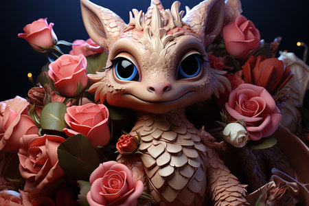 An adorable baby dragon in roses flowers background illustration generative aiの素材