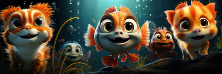 A fish with cat face cartoon illustration generative aiの素材