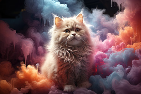 Cat made of clouds that floats through the air, leaving a trail of rainbows behind it, illustration generative aiの素材