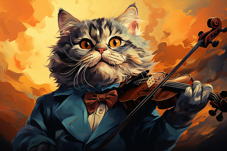 Cat with big, googly eyes that is playing a in a jazz band, cartoon style, illustration generative aiの素材