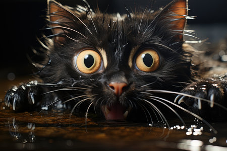 Cat with big, googly eyes that is trying to catch a mouse that is much smaller than it, cartoon style, illustration generative aiの素材