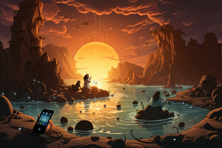 Smartphone washes up on a beach and a tribe of cavemen worship it as a god, cartoon style prehistoric stone age technology, illustration generative aiの素材