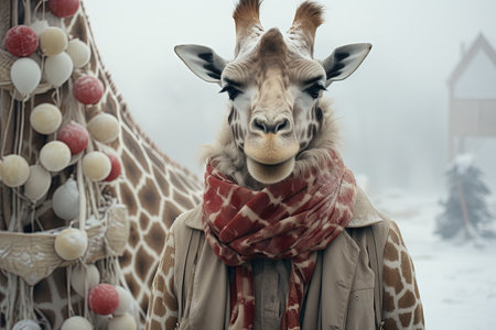 A giraffe at the north pole illustration generative aiの素材