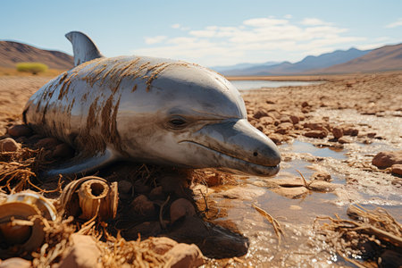 A Dolphin in the desert, swimming through a dry riverbed and trying to find water illustration generative aiの素材