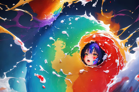 Anime manga girl in a rainbow colors vortex, illustration generative aiの素材