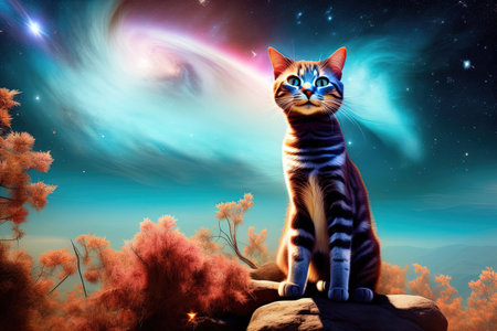 A space cat traveler coming out from black hole nebula galaxy alien human animal hybrid illustration generative aiの素材