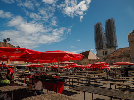 ZAGREB, CROATIA - AUGUST 9 2023 - city market with food vegetables goods and fruit in old city townのeditorial素材