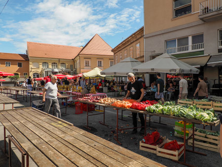 ZAGREB, CROATIA - AUGUST 9 2023 - city market with food vegetables goods and fruit in old city townのeditorial素材