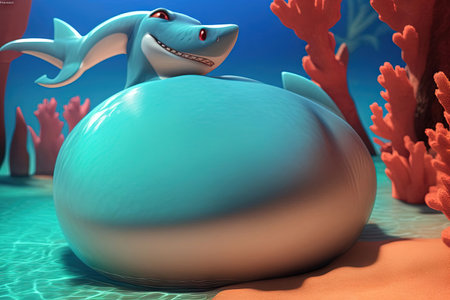 An Overweight obese smiling shark cute fat animal, illustration generative aiの素材