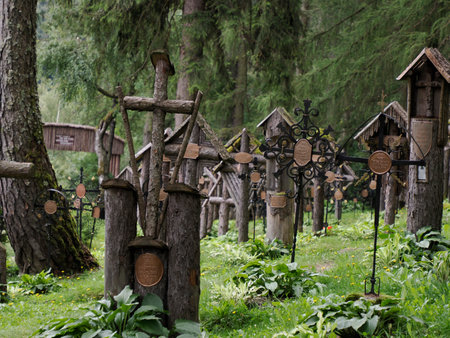 Bruneck - Brunico, South Tyrol, Italy - AUGUST 6, 2023: The War Cemetery in the woods, known as the Austro-Hungarian Cemetery to commemorate the victims of the First Great Warのeditorial素材