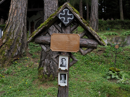 Bruneck - Brunico, South Tyrol, Italy - AUGUST 6, 2023: The War Cemetery in the woods, known as the Austro-Hungarian Cemetery to commemorate the victims of the First Great Warのeditorial素材