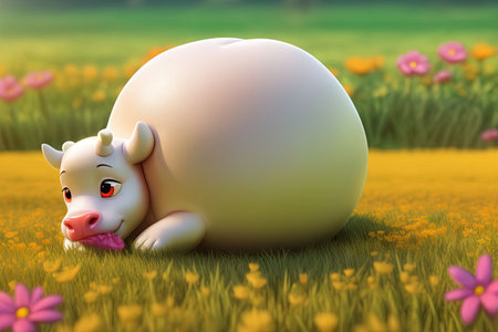 A fat obese cow overwight on green grass cartoon illustration generative aiの素材