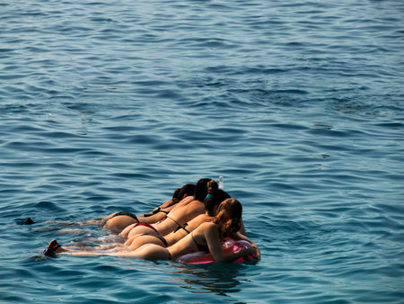 Snorkelist in crystal clear water of Adriatic sea in Brela on Makarska Riviera, Dalmatia Croatiaの写真素材