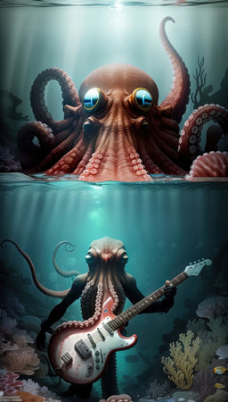 A Cute Octopus Playing Guitar Music Cartoon Illustration. Animal Music Icon Conceptの素材