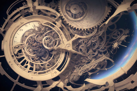 The celestial mechanics featuring intricate gears and celestial bodies, symbolizing the precision and beauty of cosmic mechanicsの素材