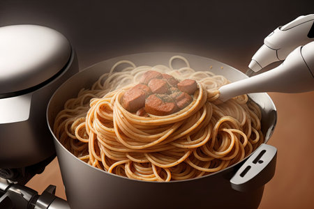 robot attempting to cook spaghetti but getting entangled in a web of noodles in the kitchen, illustrationの素材