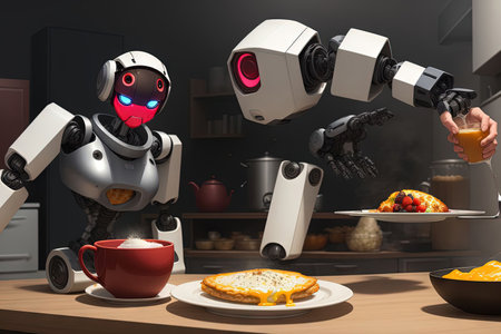clumsy robot attempting to serve breakfast but causing a hilarious mess in the kitchen, illustrationの素材