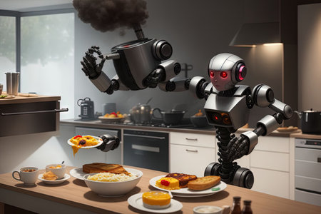 clumsy robot attempting to serve breakfast but causing a hilarious mess in the kitchen, illustrationの素材