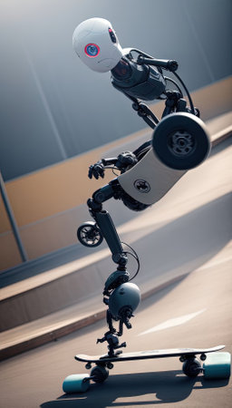 A Robot trying to ride a skateboard with wheels for feet, resulting in a chaotic tumble illustrationの素材