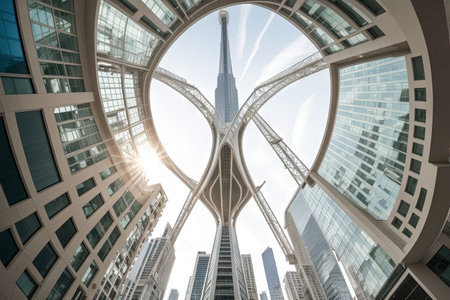 An absurd building skyscraper unreal shape in the city, Organic modernist architecture illustrationの素材