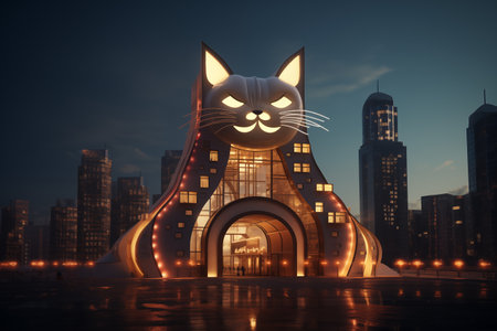A Cat shape illuminated building at night illustrationの素材