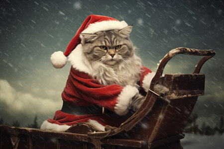 A Cat as Santa Claus on sled Christmas card, illustrationの素材
