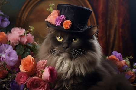 A cat in victorian hat with flowers kitten illustrationの素材