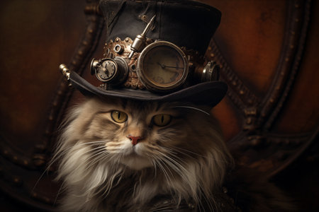 A Cute cat wearing a steampunk hat with goggles. illustration isolated on velvet backgroundの素材