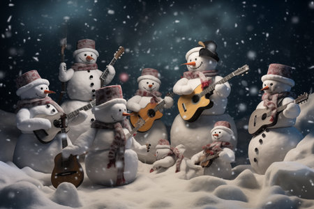 the snowmen engage in a lively snowball orchestra, playing whimsical tunes to celebrate the season of Christmasの素材