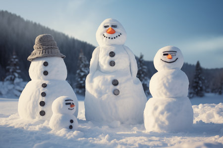 A snowman family competing in a snow sculpting contest, crafting icy replicas of famous celebrities with carrot nosesの素材