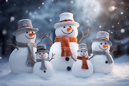 A snowman family competing in a snow sculpting contest, crafting icy replicas of famous celebrities with carrot nosesの素材