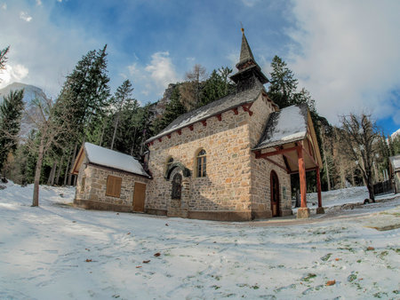braies lake view in winter season panoramaの写真素材