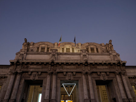 milan Central rail station at night Italyの写真素材