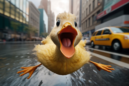 A crazy duck open mouth running to you in New York city funny illustrationの素材