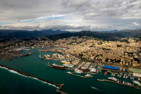 Foce Genoa Italy aerial view before landing to airport by airplane during a sea storm storm hurricaneの写真素材