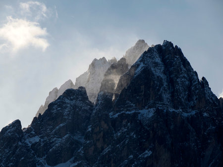 AWindy day on Dolomites park of Lavaredo Peaks of Mountain Rudo, Croda dei Rondoi, Torre dei Scarperi, Croda dei Baranci, Cima Piatta Alta, Tre Cime di Lavaredo, view from Versciaco, Dobbiacoの写真素材