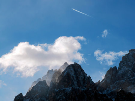 Dolomites park of Lavaredo Peaks of Mountain Rudo, Croda dei Rondoi, Torre dei Scarperi, Croda dei Baranci, Cima Piatta Alta, Tre Cime di Lavaredo, view from Versciaco, Dobbiacoの写真素材