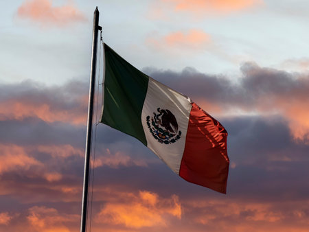 Sunset Mexican flag in Ciudad de Mexico, Mexico Cityの写真素材