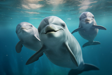 three dolphins pose for the camera coming to you smiling underwaterの素材