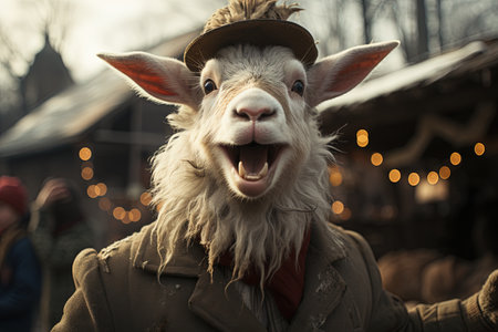 Cute Goat Animal as santa claus, christmas funny illustrationの素材