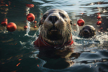 Sea Lion Animal as santa claus, christmas funny illustrationの素材