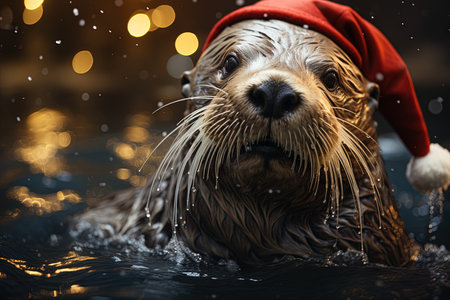 Sea Lion Animal as santa claus, christmas funny illustrationの素材