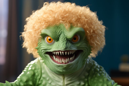 A cute green shark with human eyes illustrationの素材