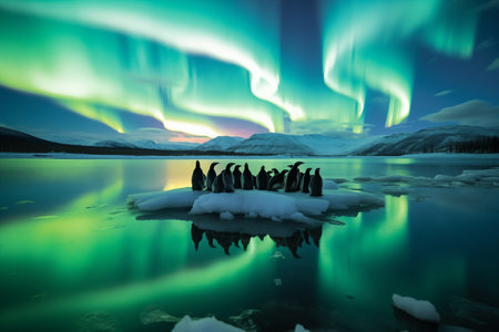 Group of Penguins huddled together on ice floe northern lights sky backgroundの素材